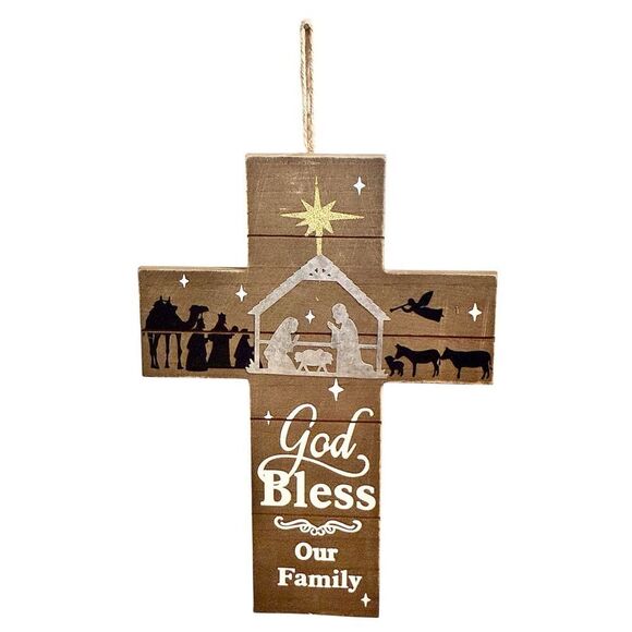 Christmas Nativity Scene Silhouette “God Bless Our Family” Wall Cross - Picture 1 of 9